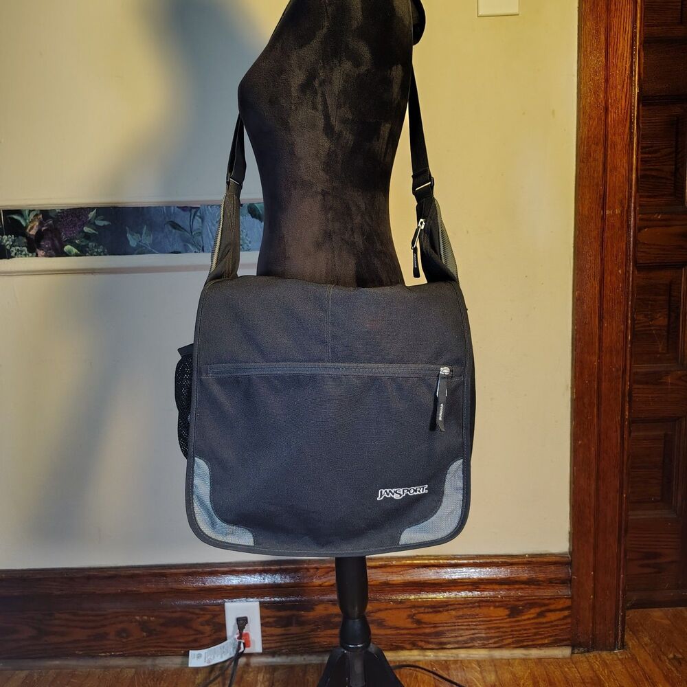 Jansport Blk Gray Messenger Bag Laptop Bag Y2K